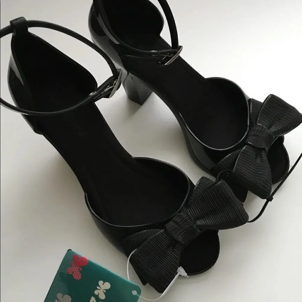 Zaxy Diva Top II Black Bow Heels Sandals Size 5 (Fits 6) Made in Brazil NWT